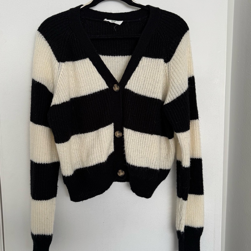 Black and Off White Women's Stripe Cardigan Sweater Large